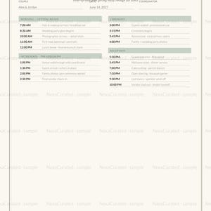 May include: A wedding day-of timeline template on a cream background with black text. It features sections for morning, ceremony, afternoon, and reception schedules, with fields for the couple, date, coordinator, and coordinator notes at the bottom.