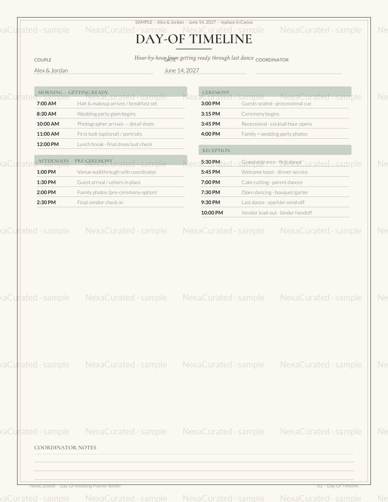 May include: A wedding day-of timeline template on a cream background with black text. It features sections for morning, ceremony, afternoon, and reception schedules, with fields for the couple, date, coordinator, and coordinator notes at the bottom.