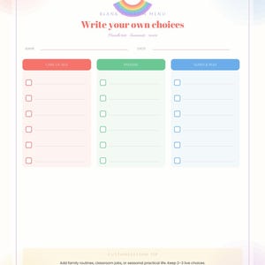 Op de afbeelding: Een leeg aangepast menuplanningsblad met een regenboogpictogram bovenaan, de tekst BLANK CUSTOM MENU, Write your own choices en Handwrite laminate reuse. Het bevat secties voor Name, Date, Care of Self, Prepare en Learn & Play.