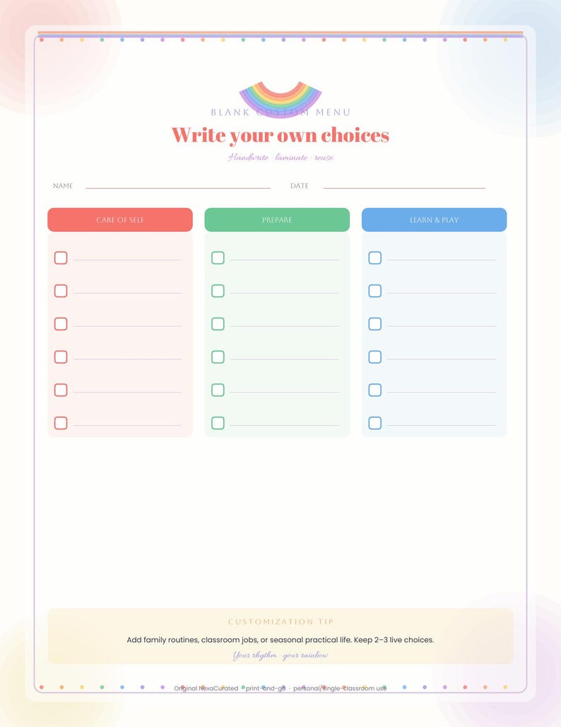 Op de afbeelding: Een leeg aangepast menuplanningsblad met een regenboogpictogram bovenaan, de tekst BLANK CUSTOM MENU, Write your own choices en Handwrite laminate reuse. Het bevat secties voor Name, Date, Care of Self, Prepare en Learn & Play.