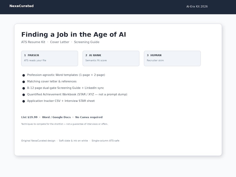 K&ouml;nnte beinhalten: Ein digitales Dokument mit dem Titel Finding a Job in the Age of AI, ein ATS-Lebenslauf-Kit mit Anschreiben und Auswahlleitfaden. Es enth&auml;lt drei Schritte: 1 PARSER, 2 AI RANK und 3 HUMAN sowie eine Liste von Vorlagen, Arbeitsb&uuml;chern und Trackern.