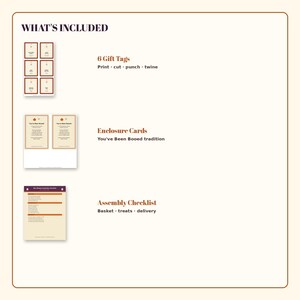 May include: A digital printable set titled WHAT'S INCLUDED featuring 6 gift tags with instructions to print, cut, punch, and twine, two You've Been Booed enclosure cards, and a Boo Basket Assembly Checklist for basket, treats, and delivery.
