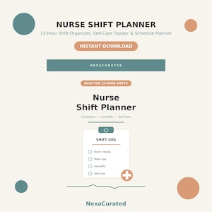 May include: A digital nurse shift planner with a cream background, featuring teal and peach accents. Text includes Nurse Shift Planner, 12-Hour Shift Organizer, Self-Care Tracker, Schedule Planner, Instant Download, Nexacurated, and a shift log checklist.