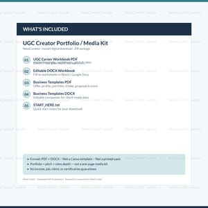 Może przedstawiać: Cyfrowy arkusz informacyjny o produkcie zatytułowany UGC Creator Portfolio / Media Kit. Zawiera listę pięciu element&oacute;w: skoroszyt kariery w formacie PDF, edytowalny skoroszyt w formacie DOCX, szablony biznesowe w formatach PDF i DOCX oraz plik START_HERE.txt.