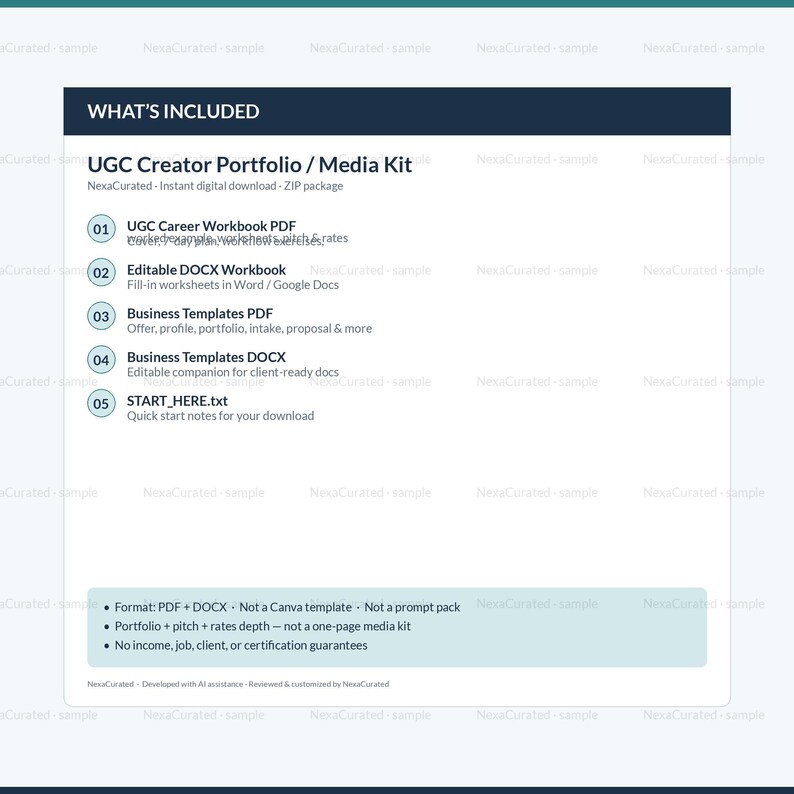 Może przedstawiać: Cyfrowy arkusz informacyjny o produkcie zatytułowany UGC Creator Portfolio / Media Kit. Zawiera listę pięciu element&oacute;w: skoroszyt kariery w formacie PDF, edytowalny skoroszyt w formacie DOCX, szablony biznesowe w formatach PDF i DOCX oraz plik START_HERE.txt.