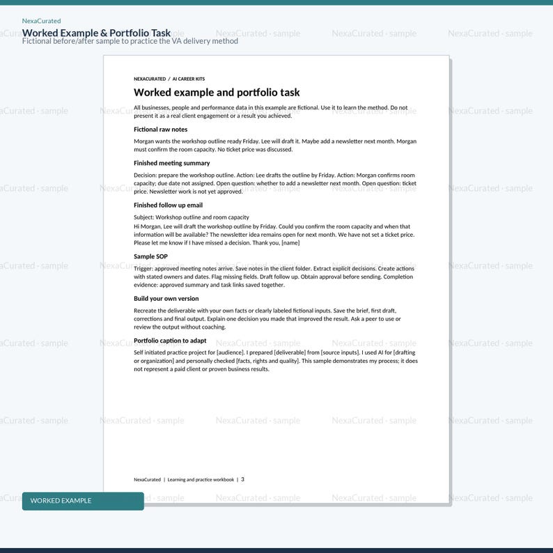 Puede incluir: Una p&aacute;gina de documento blanca titulada Worked example and portfolio task, que presenta secciones sobre notas ficticias, un resumen de reuni&oacute;n, un correo electr&oacute;nico de seguimiento, un ejemplo de SOP y un pie de foto de portafolio.