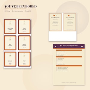 May include: A retro Halloween printable kit featuring gift tags, enclosure cards, and a Boo Basket assembly checklist. The tags include phrases like You've Been Booed, Boo Basket, and Spooky Delivery, all designed with orange, purple, and cream colors.