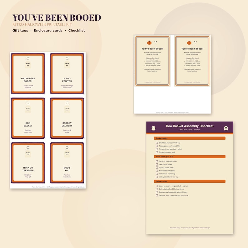 May include: A retro Halloween printable kit featuring gift tags, enclosure cards, and a Boo Basket assembly checklist. The tags include phrases like You've Been Booed, Boo Basket, and Spooky Delivery, all designed with orange, purple, and cream colors.