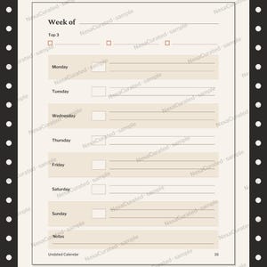Op de afbeelding: Een weekplannerpagina met een cr&egrave;mekleurige achtergrond en zwarte tekst. Het bevat een 'Week of'-koptekst, een 'Top 3'-sectie met drie selectievakjes en dagelijkse rijen van maandag tot zondag, elk met een selectievakje en lijnen voor notities.