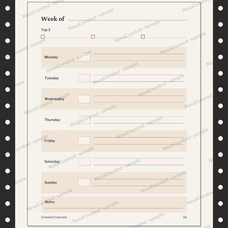 Op de afbeelding: Een weekplannerpagina met een cr&egrave;mekleurige achtergrond en zwarte tekst. Het bevat een 'Week of'-koptekst, een 'Top 3'-sectie met drie selectievakjes en dagelijkse rijen van maandag tot zondag, elk met een selectievakje en lijnen voor notities.