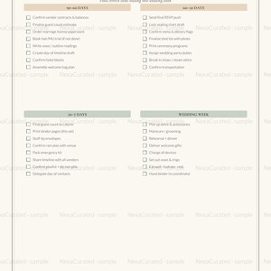 May include: A 90-day countdown checklist for wedding planning, featuring four colour-coded sections: 90-60 days, 60-30 days, 30-7 days, and wedding week. The document includes checkboxes for tasks like confirming vendor contracts, RSVP tracking, and final preparations.