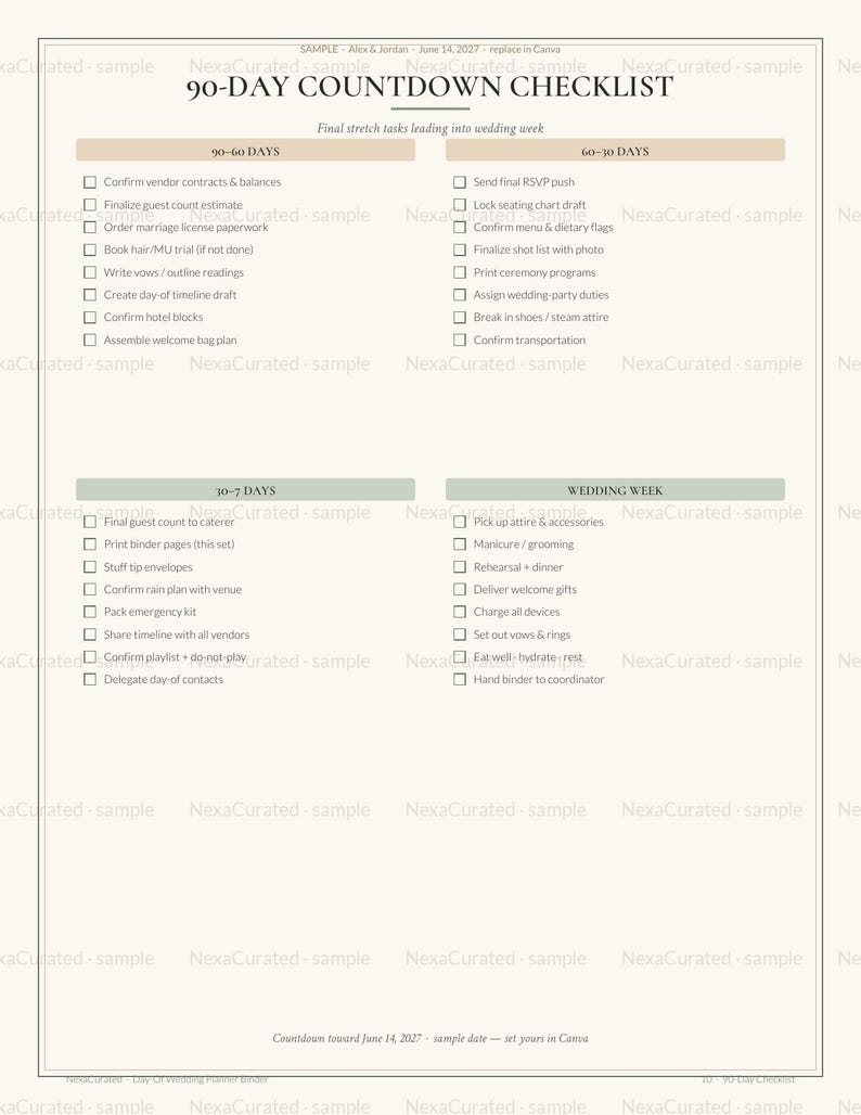 May include: A 90-day countdown checklist for wedding planning, featuring four colour-coded sections: 90-60 days, 60-30 days, 30-7 days, and wedding week. The document includes checkboxes for tasks like confirming vendor contracts, RSVP tracking, and final preparations.