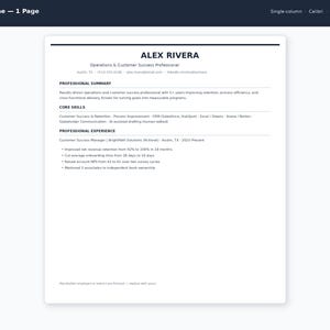 K&ouml;nnte beinhalten: Eine einseitige Lebenslaufvorlage mit dem Titel ATS Resume, die ein sauberes, professionelles Layout mit Abschnitten f&uuml;r berufliche Zusammenfassung, Kernkompetenzen und Berufserfahrung in schwarzem Text auf wei&szlig;em Hintergrund bietet.