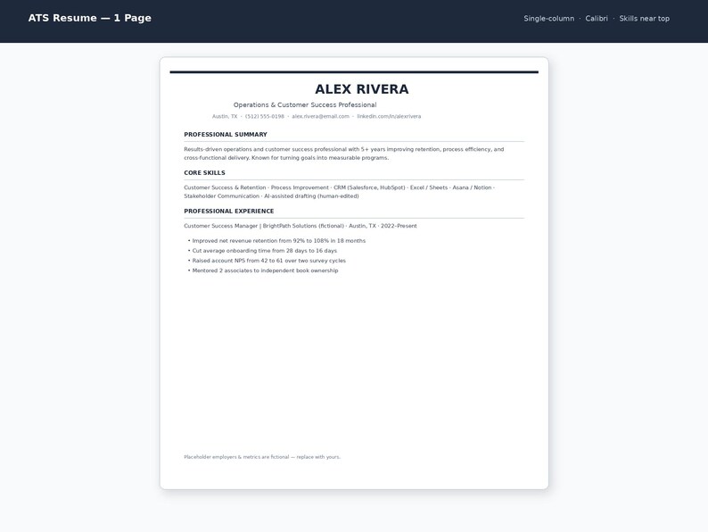 K&ouml;nnte beinhalten: Eine einseitige Lebenslaufvorlage mit dem Titel ATS Resume, die ein sauberes, professionelles Layout mit Abschnitten f&uuml;r berufliche Zusammenfassung, Kernkompetenzen und Berufserfahrung in schwarzem Text auf wei&szlig;em Hintergrund bietet.
