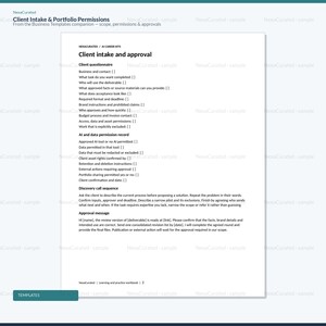 Może przedstawiać: Biały dokument zatytułowany Client intake and approval od NexaCurated. Zawiera kwestionariusz klienta, rejestr uprawnień do danych i AI, sekwencję rozm&oacute;w odkrywczych oraz szablon wiadomości z zatwierdzeniem do zarządzania projektami.
