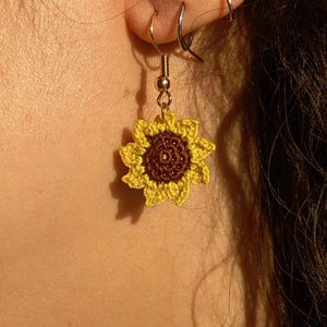 Handmade Sunflower Earrings Necklace | Floral Micro Crochet Earrings | Jewelry Gift | Crochet Cute Earrings | Flower Handmade Necklace