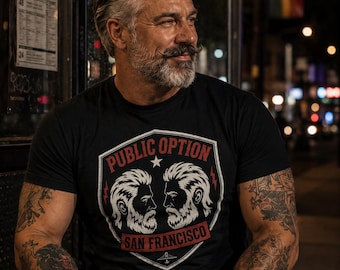 Public Option San Francisco Graphic Tee | SF Badge Shield Shirt | San Francisco Gift | Vintage Style Unisex T-Shirt