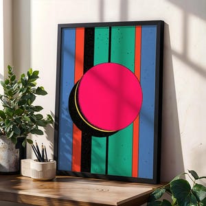 Geometric Circle Poster, Bauhaus Memphis Wall Art, Retro Striped Print, Bold Color Block Decor