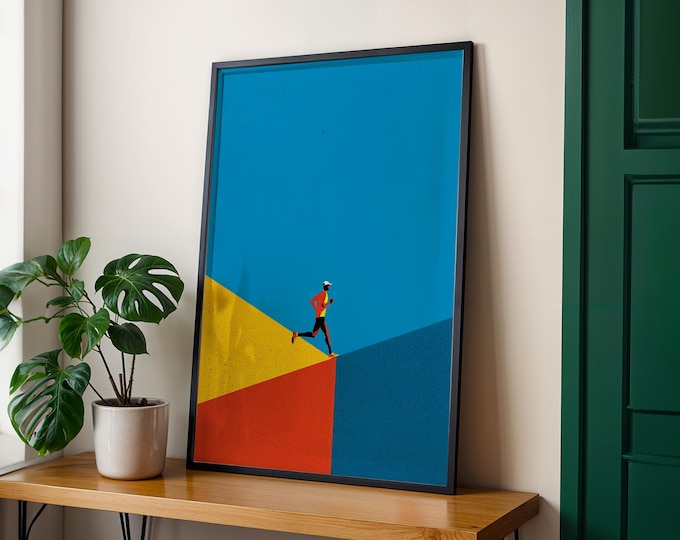 Modern Running Poster – Minimalist Runner Wall Art Print, Bold Colors Geometric Sports Decor, Marathon Training Gift for Runners & Athletes