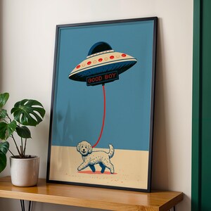 Funny Dog Wall Art Print | Quirky UFO Poster | Dog Lover Gift Idea | Whimsical Apartment Decor | Surreal Sci Fi Print