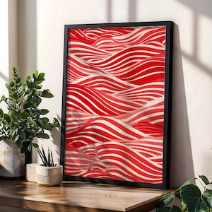 Red Wave Pattern Poster, Bold Stripe Abstract Print, Dopamine Decor Wall Art, Japanese Inspired Home Decor