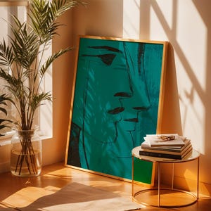 Teal Face Line Wall Art, Modern Minimalist Print, Expressionist Poster, Moody Surreal Art Contemporary Home Decor in Transformative Teal image 11