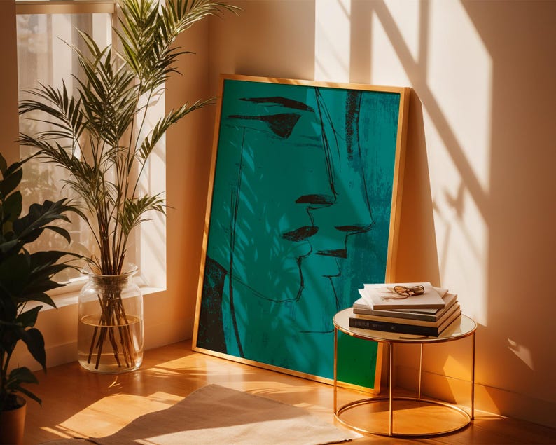 Teal Face Line Wall Art, Modern Minimalist Print, Expressionist Poster, Moody Surreal Art Contemporary Home Decor in Transformative Teal image 11