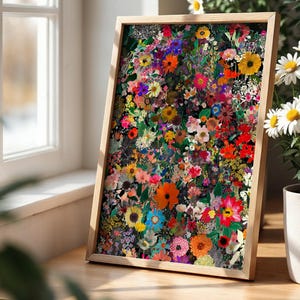 A dense, vibrant digital art print featuring an abundance of various wildflowers in bright colors like red, orange, yellow, purple, and blue, arranged against a dark background to create a maximalist aesthetic.