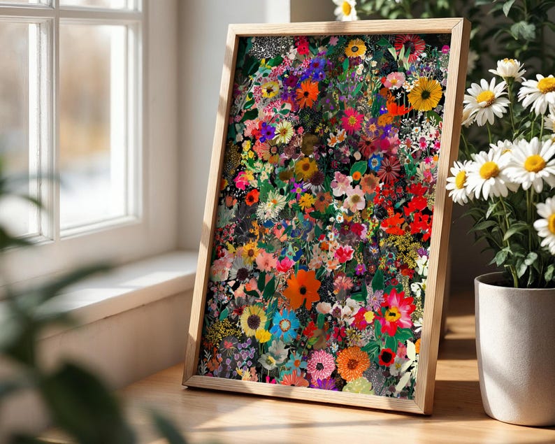 A dense, vibrant digital art print featuring an abundance of various wildflowers in bright colors like red, orange, yellow, purple, and blue, arranged against a dark background to create a maximalist aesthetic.