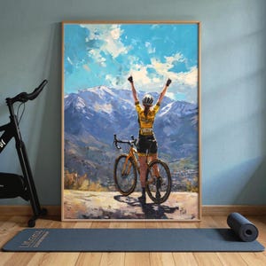 Poster della vittoria in bicicletta - Stampa a olio di ciclista, arte di montagna con maglia gialla, decorazione da parete sportiva, regalo ispirato al Tour de France