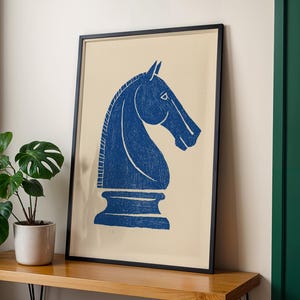Blue Knight Chess Poster | Modern Linocut Wall Art, Cobalt Blue Game Room Decor, Minimalist Strategy Print