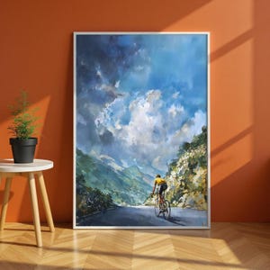 Poster ciclistico in stile Tour de France – Decorazione murale per bici da strada per gli amanti del ciclismo – Stampa di arrampicata in maglia gialla – Decorazione sportiva paesaggistica