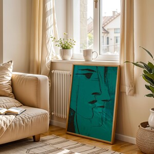 Teal Face Line Wall Art, Modern Minimalist Print, Expressionist Poster, Moody Surreal Art Contemporary Home Decor in Transformative Teal image 12
