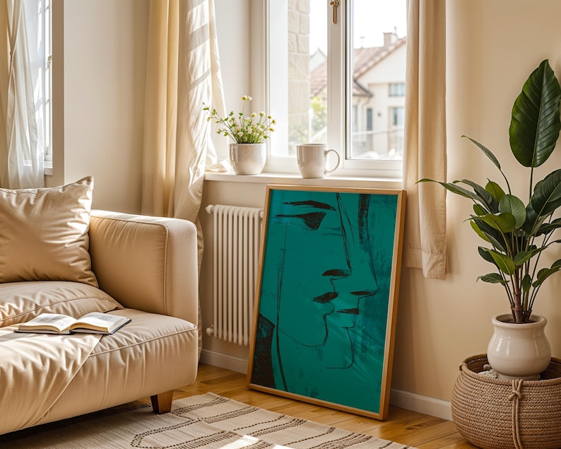 Teal Face Line Wall Art, Modern Minimalist Print, Expressionist Poster, Moody Surreal Art Contemporary Home Decor in Transformative Teal image 12