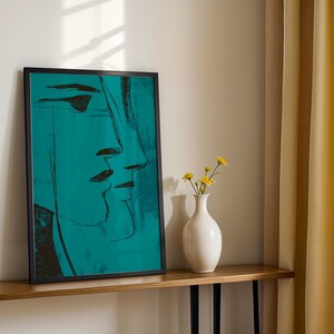 Teal Face Line Wall Art, Modern Minimalist Print, Expressionist Poster, Moody Surreal Art Contemporary Home Decor in Transformative Teal image 4