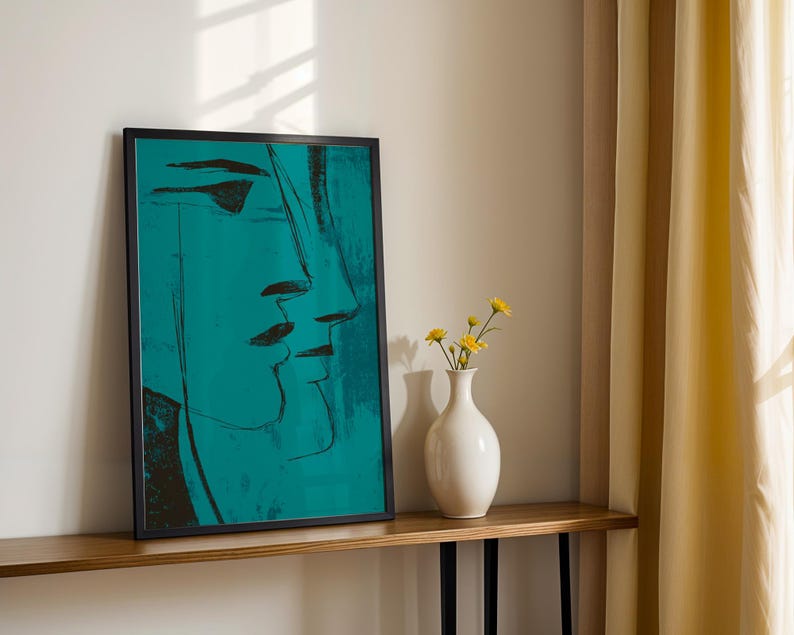 Teal Face Line Wall Art, Modern Minimalist Print, Expressionist Poster, Moody Surreal Art Contemporary Home Decor in Transformative Teal image 4