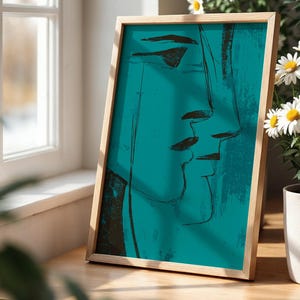 Teal Face Line Wall Art, Modern Minimalist Print, Expressionist Poster, Moody Surreal Art Contemporary Home Decor in Transformative Teal image 8