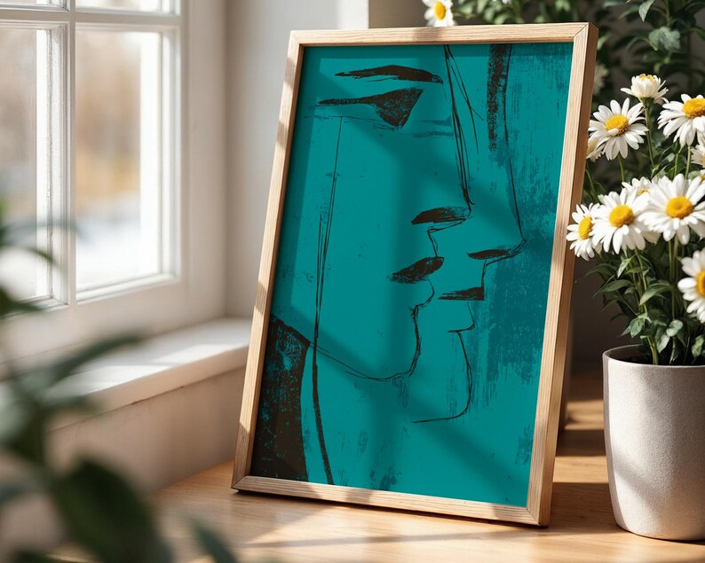 Teal Face Line Wall Art, Modern Minimalist Print, Expressionist Poster, Moody Surreal Art Contemporary Home Decor in Transformative Teal image 8