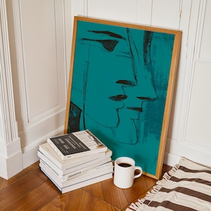 Teal Face Line Wall Art, Modern Minimalist Print, Expressionist Poster, Moody Surreal Art Contemporary Home Decor in Transformative Teal image 2