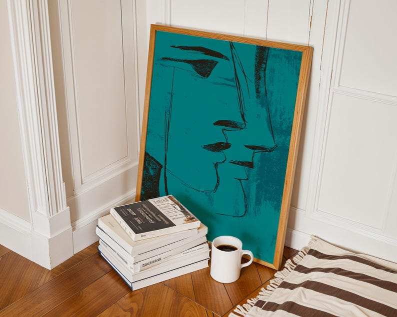 Teal Face Line Wall Art, Modern Minimalist Print, Expressionist Poster, Moody Surreal Art Contemporary Home Decor in Transformative Teal image 2