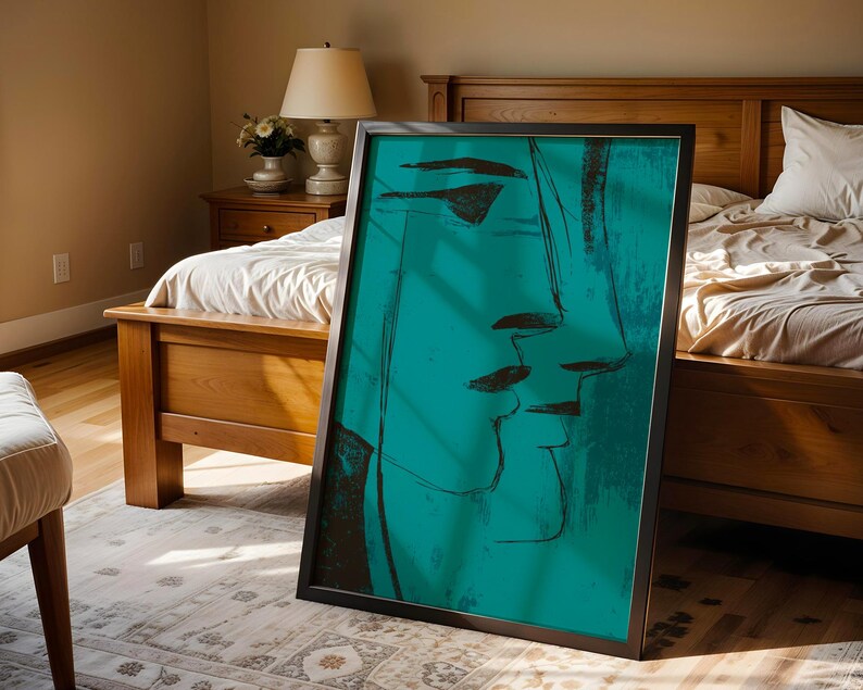 Minimalist abstract teal wall art poster, expressionist face line drawing, modern surreal print, bold emotional art decor, contemporary blue green accents, trendy living room statement piece, unique apartment gallery, cool urban home style, creative gift idea, moody minimalist painting, stylish bedroom artwork, artistic modern gallery wall, reflective line portrait for office or studio.
