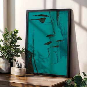 Teal Face Line Wall Art, Modern Minimalist Print, Expressionist Poster, Moody Surreal Art Contemporary Home Decor in Transformative Teal image 1