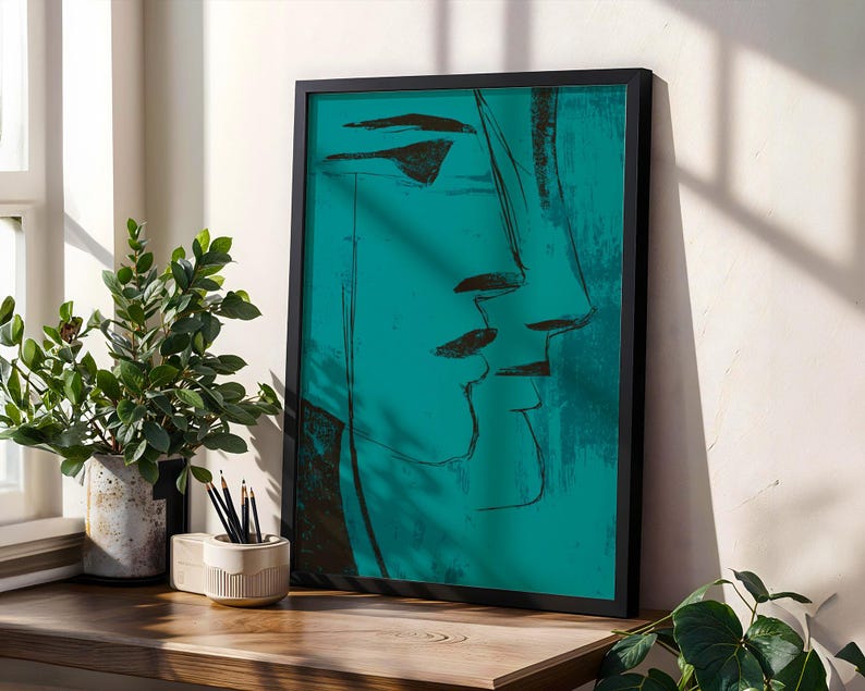 Teal Face Line Wall Art, Modern Minimalist Print, Expressionist Poster, Moody Surreal Art Contemporary Home Decor in Transformative Teal image 1