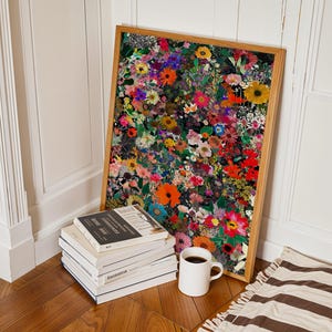A dense, vibrant digital art print featuring an abundance of various wildflowers in bright colors like red, orange, yellow, purple, and blue, arranged against a dark background to create a maximalist aesthetic.