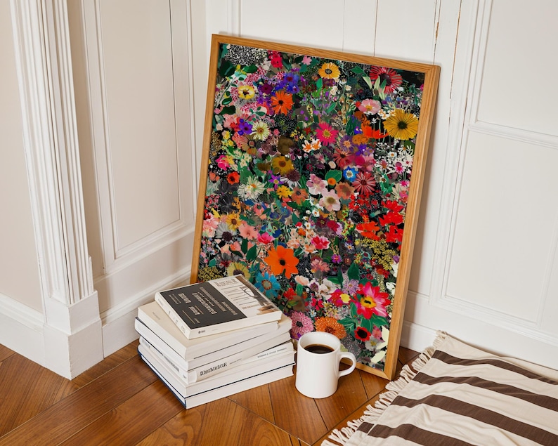 A dense, vibrant digital art print featuring an abundance of various wildflowers in bright colors like red, orange, yellow, purple, and blue, arranged against a dark background to create a maximalist aesthetic.