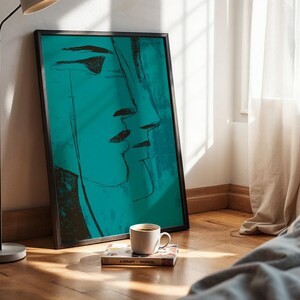 Teal Face Line Wall Art, Modern Minimalist Print, Expressionist Poster, Moody Surreal Art Contemporary Home Decor in Transformative Teal image 9