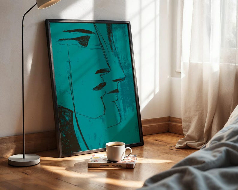 Teal Face Line Wall Art, Modern Minimalist Print, Expressionist Poster, Moody Surreal Art Contemporary Home Decor in Transformative Teal image 9