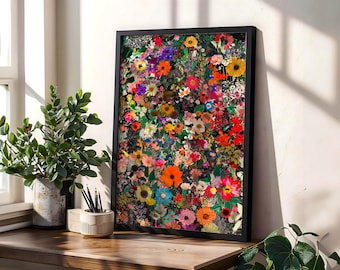 Maximalist Floral Wall Art Print | Dopamine Decor Wildflower Garden Poster | Botanical Cottagecore Decor | Colorful Grandmillennial Art