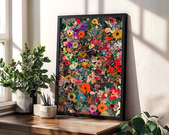 Maximalist Floral Wall Art Print | Dopamine Decor Wildflower Garden Poster | Botanical Cottagecore Decor | Colorful Grandmillennial Art