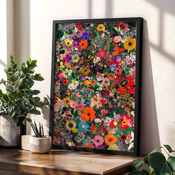 Maximalist Floral Wall Art Print | Dopamine Decor Wildflower Garden Poster | Botanical Cottagecore Decor | Colorful Grandmillennial Art